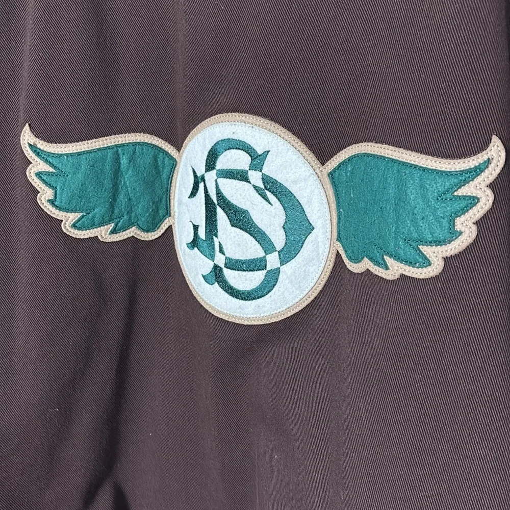 Stall & Dean brown varsity jacket size 5XL Logo wing patch on back bomber heavy